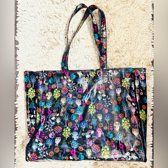 Paperchase Blk Glossy Cartoon Fun Owl-Floral Print Tote Bag Large Purse Carrier - Picture 1 of 6